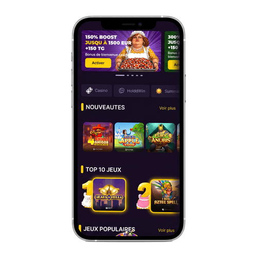 Hall du casino MamaBet sur mobile avec banniere de bienvenue 150 pour cent et tuiles de machines a sous en vedette