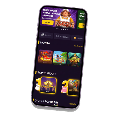 Lobby di MamaBet Casino su mobile con banner di benvenuto del 150 percento e slot in evidenza