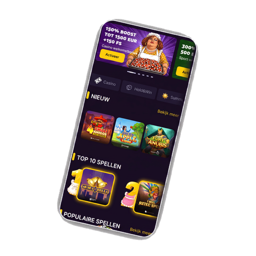 MamaBet Casino lobby op mobiel met welkomstbanner van 150 procent en uitgelichte gokkasten