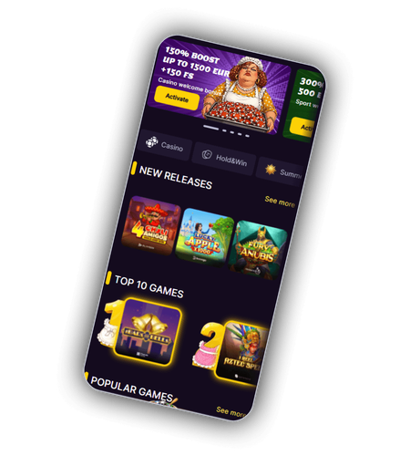 MamaBet Casino lobby on mobile with 150 percent welcome banner and featured slot tiles