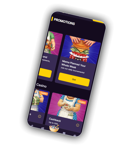 MamaBet promotions page with 150 percent welcome bonus, weekly cashback and sport freebet cards