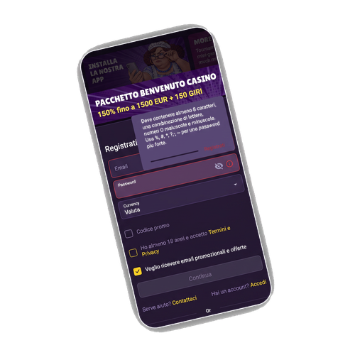 Modulo di registrazione MamaBet con email, password e anteprima dell'offerta di benvenuto