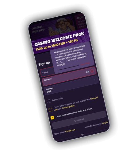 MamaBet registration form with email, password and welcome offer preview