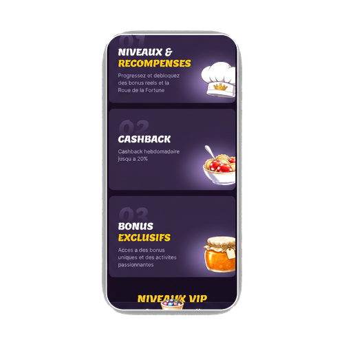 Apercu du club VIP MamaBet avec echelle de paliers a theme cuisine et bonus de niveau